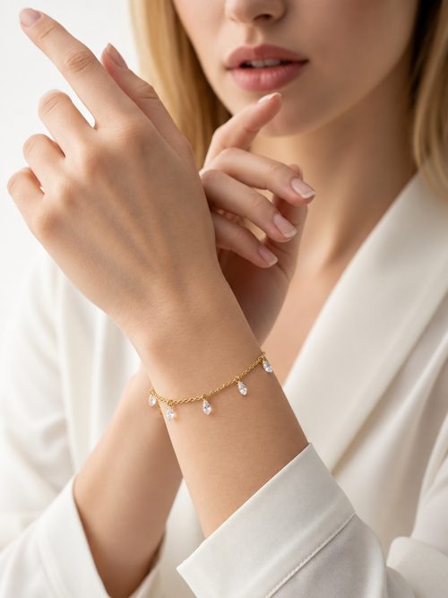 Dainty Gold Round Crystal Charm Chain Bracelet