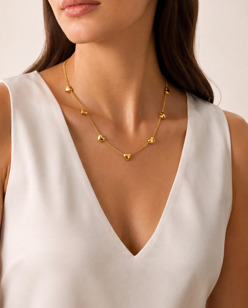 Gold Peach Heart Pendant Necklace – 8-Charm Design, 40.5cm