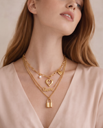 Triple Chain Necklace with Heart Padlock & Pearl, Gold Plated