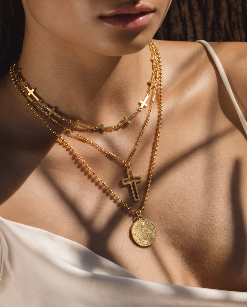 Triple Chain Necklace, Heart & Cross Charms, Gold Plated