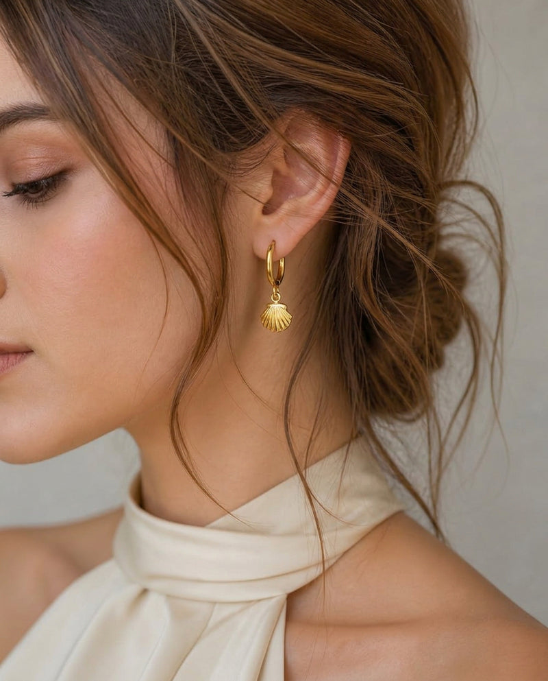 Coastal Circle & Shell Stud Earrings - Gold Plated