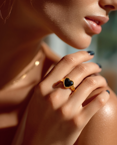 Black Heart Statement Ring - Vintage Gold Plated Setting