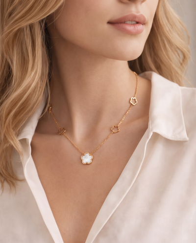Flower Pendant Necklace - Enamel Detail, Gold Plated