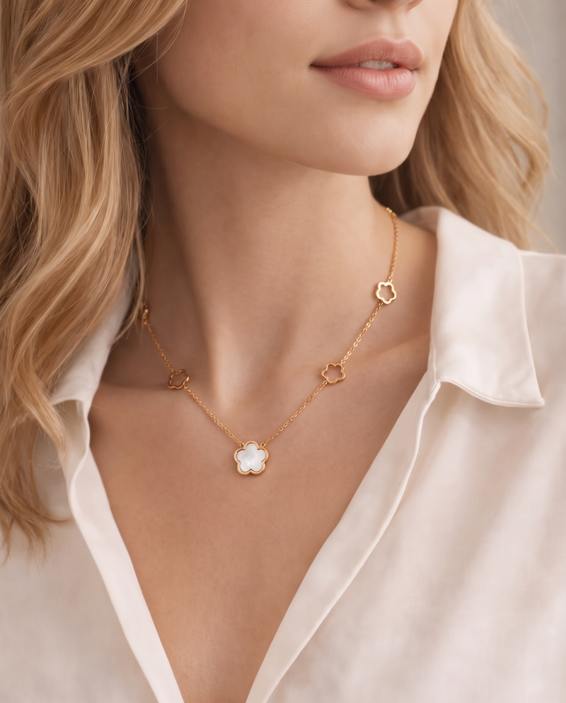 Flower Pendant Necklace - Enamel Detail, Gold Plated