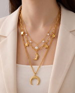 Celestial Pearl Pendant Necklace, Triple Layer, Gold Plated
