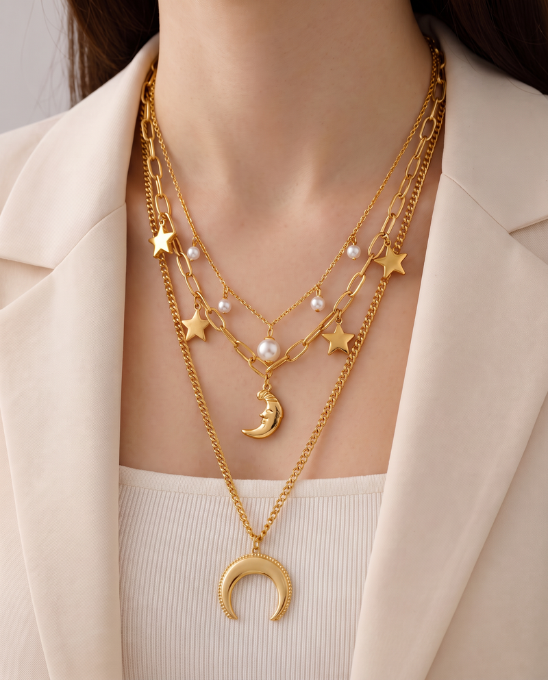 Celestial Pearl Pendant Necklace, Triple Layer, Gold Plated