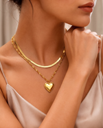 Layered Double Chain Necklace - Heart & Tag Pendant, Gold Plated