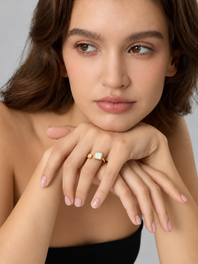 Square Pearl & Tiger's Eye Ring - 18K Gold Plated, Adjustable