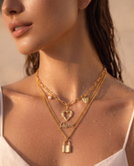 Triple Chain Necklace with Heart Padlock & Pearl, Gold Plated