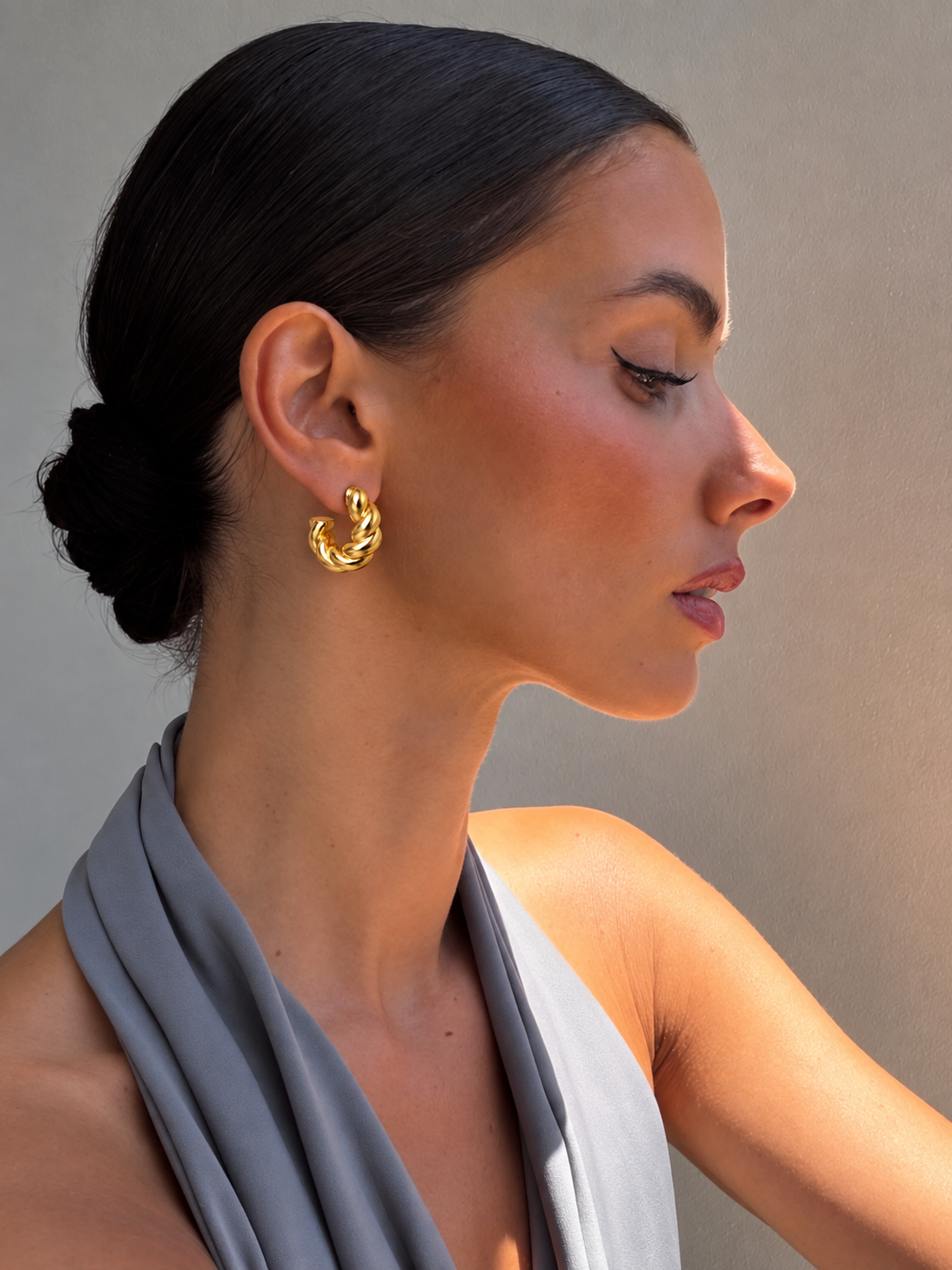 Gold Plated Half-Hoop Stud Earrings, Open Circle, 23mm