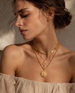 Triple Chain Necklace, Heart & Cross Charms, Gold Plated
