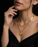 Layered Double Chain Necklace - Heart & Tag Pendant, Gold Plated