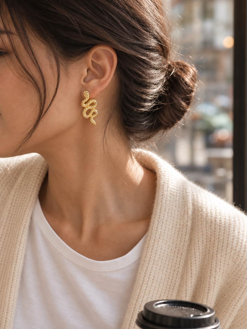 Snake Drop Earrings with White Crystal Accents - 18k Gold Plated