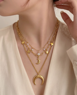 Celestial Pearl Pendant Necklace, Triple Layer, Gold Plated