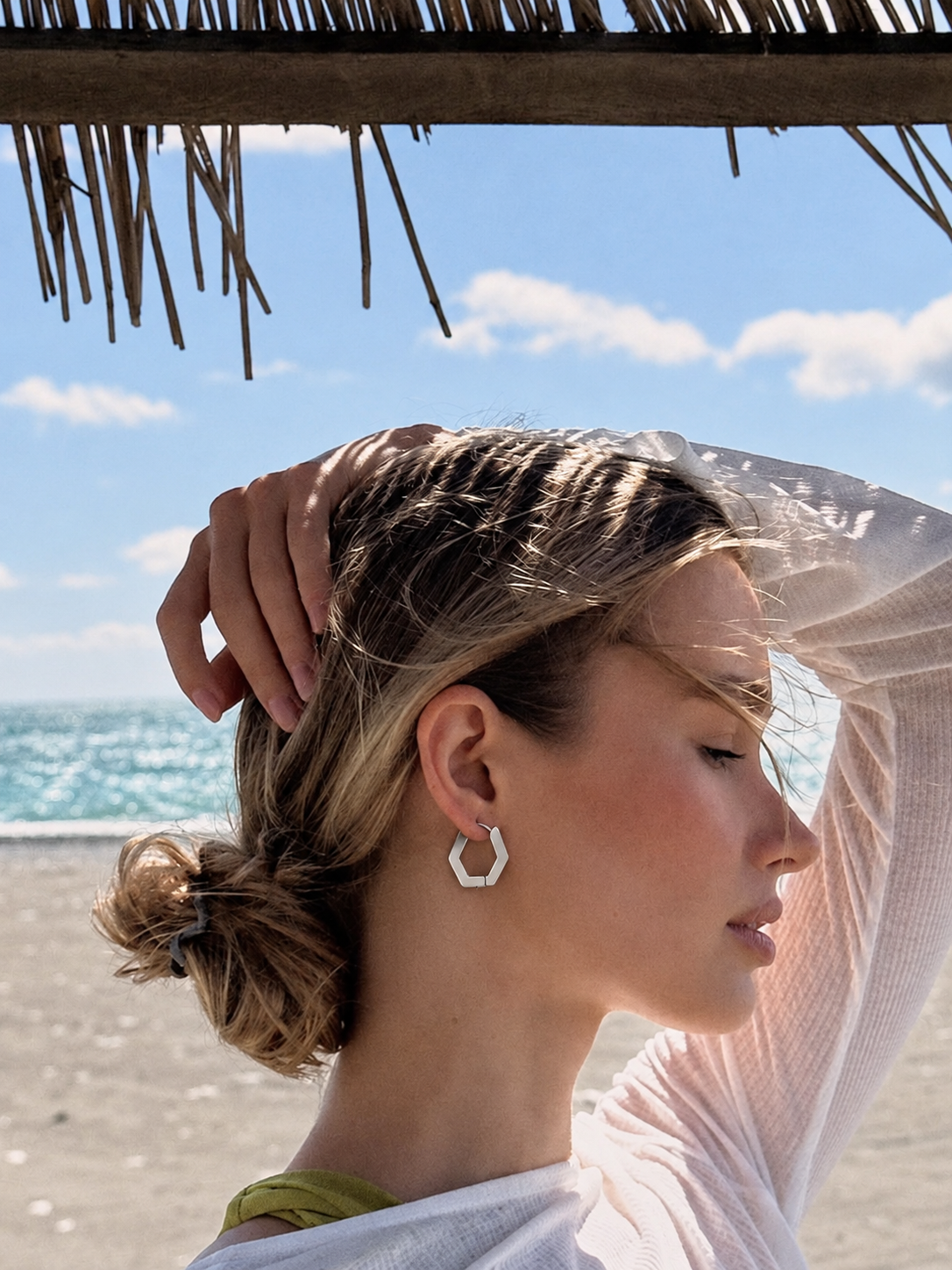 Gold Plated Hexagon C-Hoop Stud Earrings, Geometric