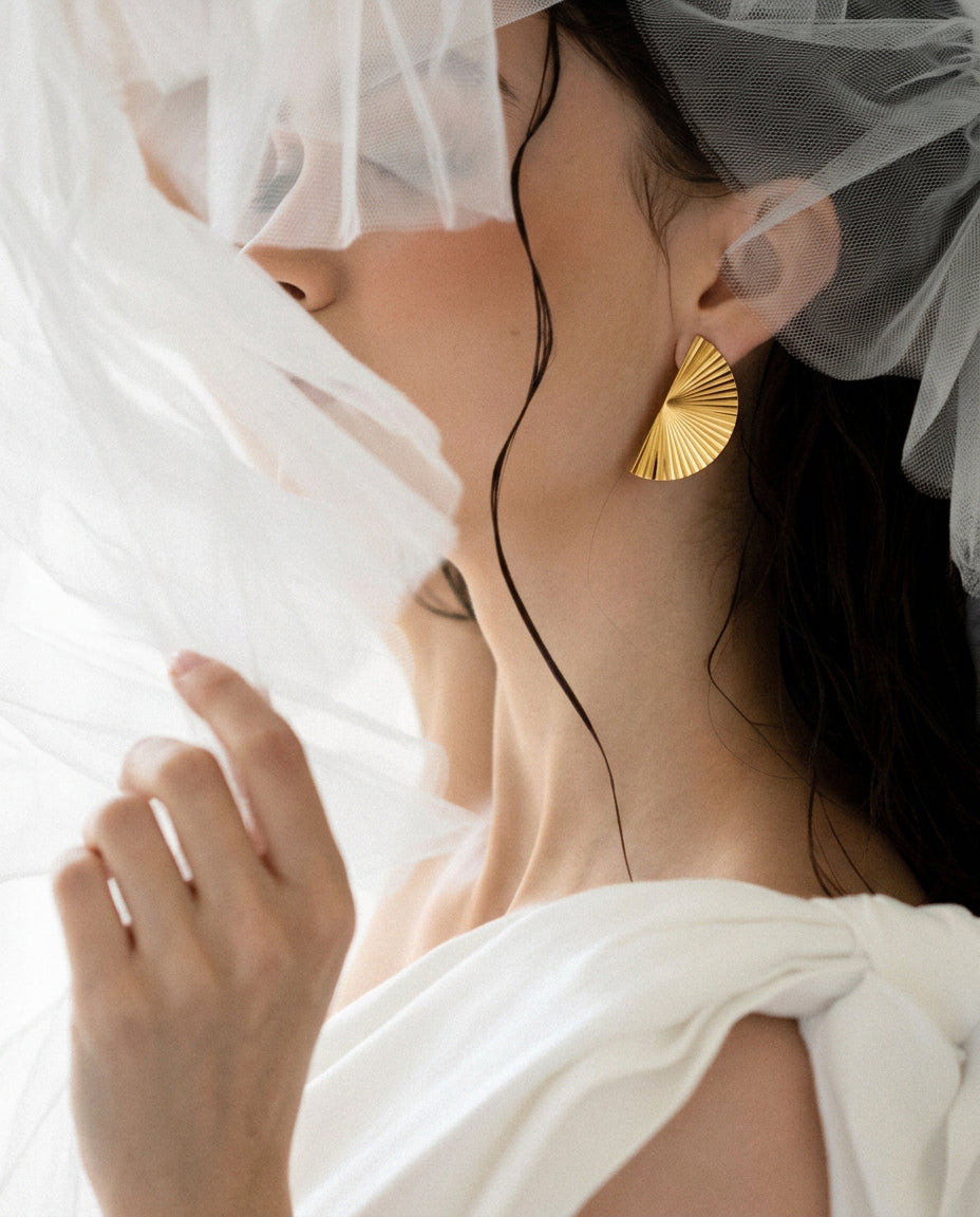 Fan Shape Gold Plated Stud Earrings