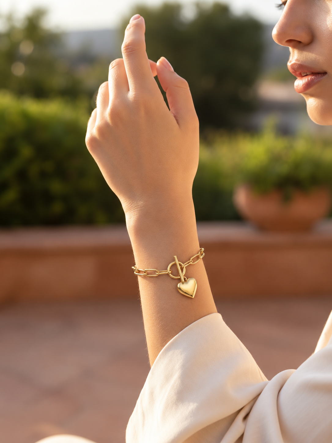 Vintage Gold Thick Bangle Bracelet with Steel Ball Pendant & Toggle Clasp - 18k Gold Plated