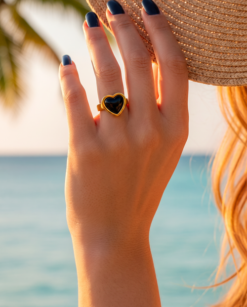 Black Heart Statement Ring - Vintage Gold Plated Setting