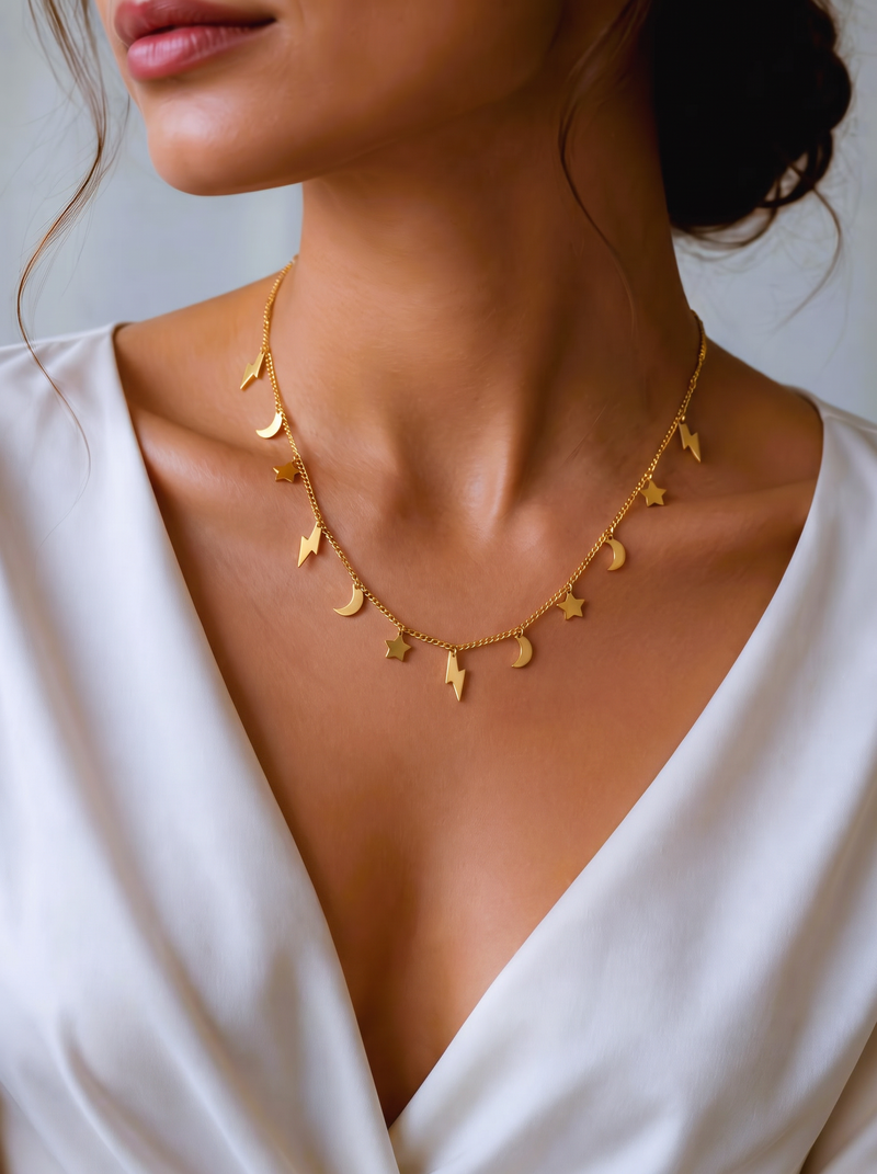 Star, Moon & Lightning Charm Necklace - Gold Plated, Celestial Design