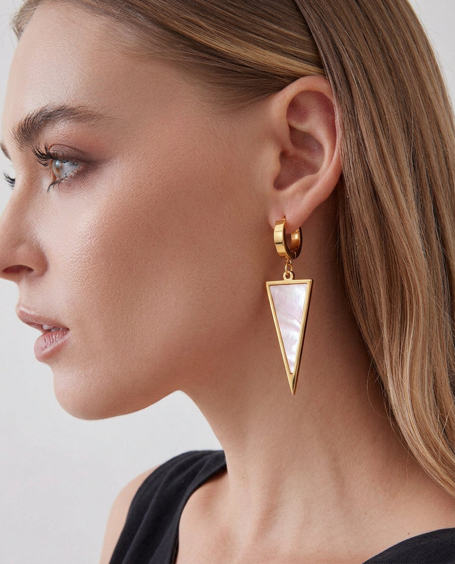 Shell Charm Drop Hoop Earrings, Minimalist Design - Gold Plated