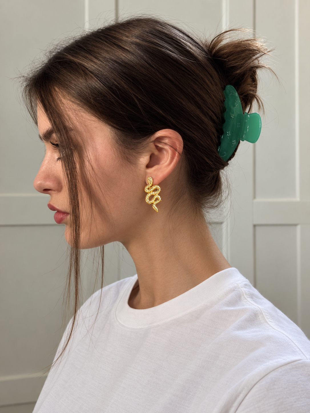 Snake Drop Earrings with White Crystal Accents - 18k Gold Plated