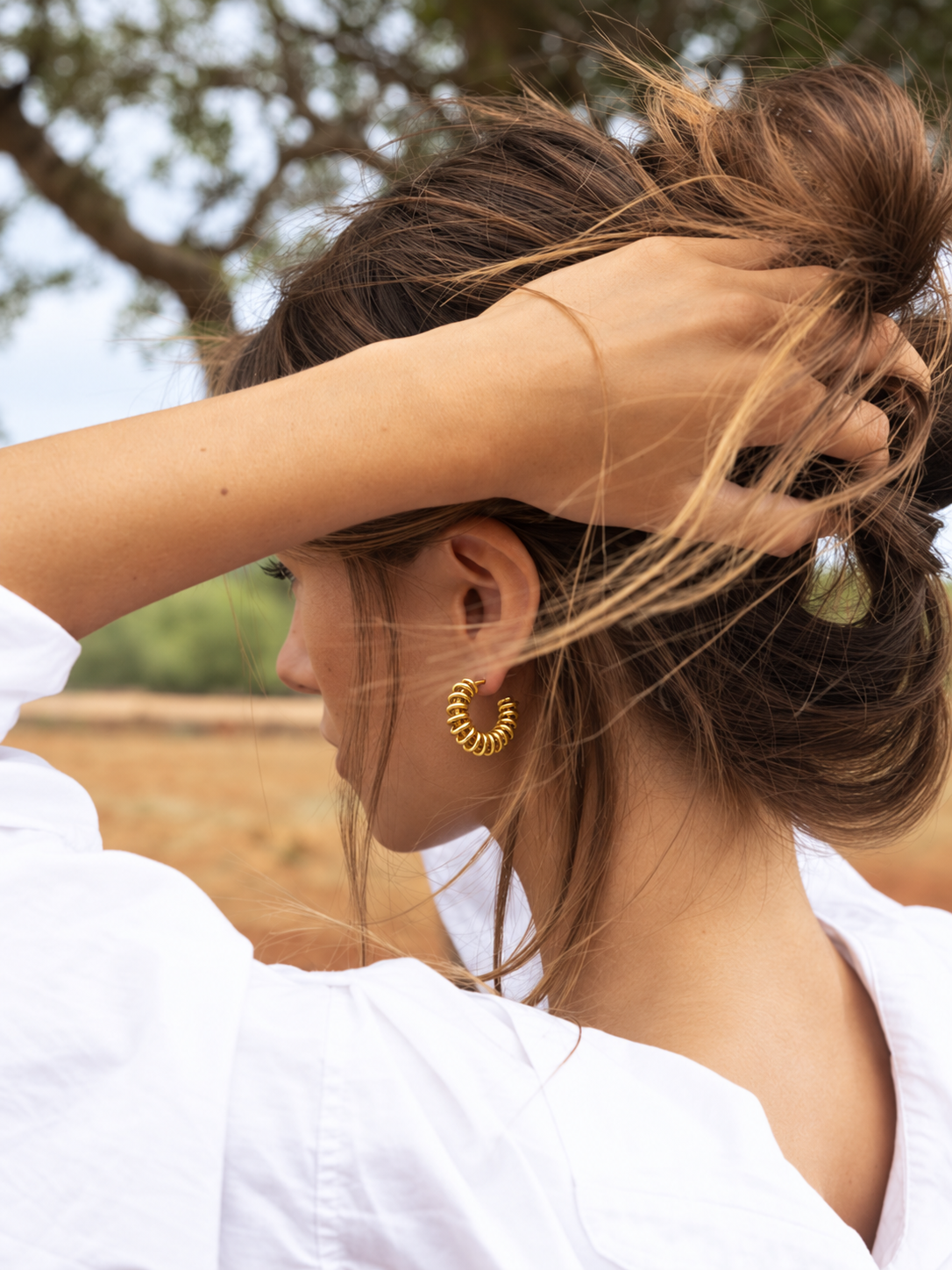 Gold Spring Hoop Earrings, Semi-Open Circle, 27mm