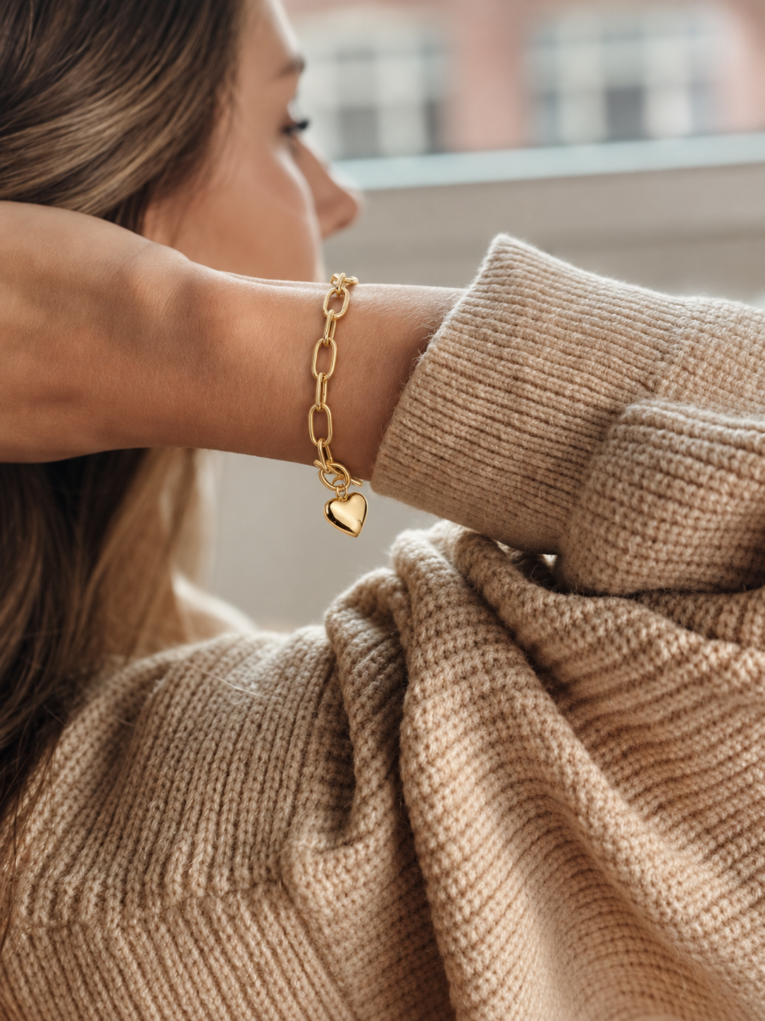 Vintage Gold Thick Bangle Bracelet with Steel Ball Pendant & Toggle Clasp - 18k Gold Plated