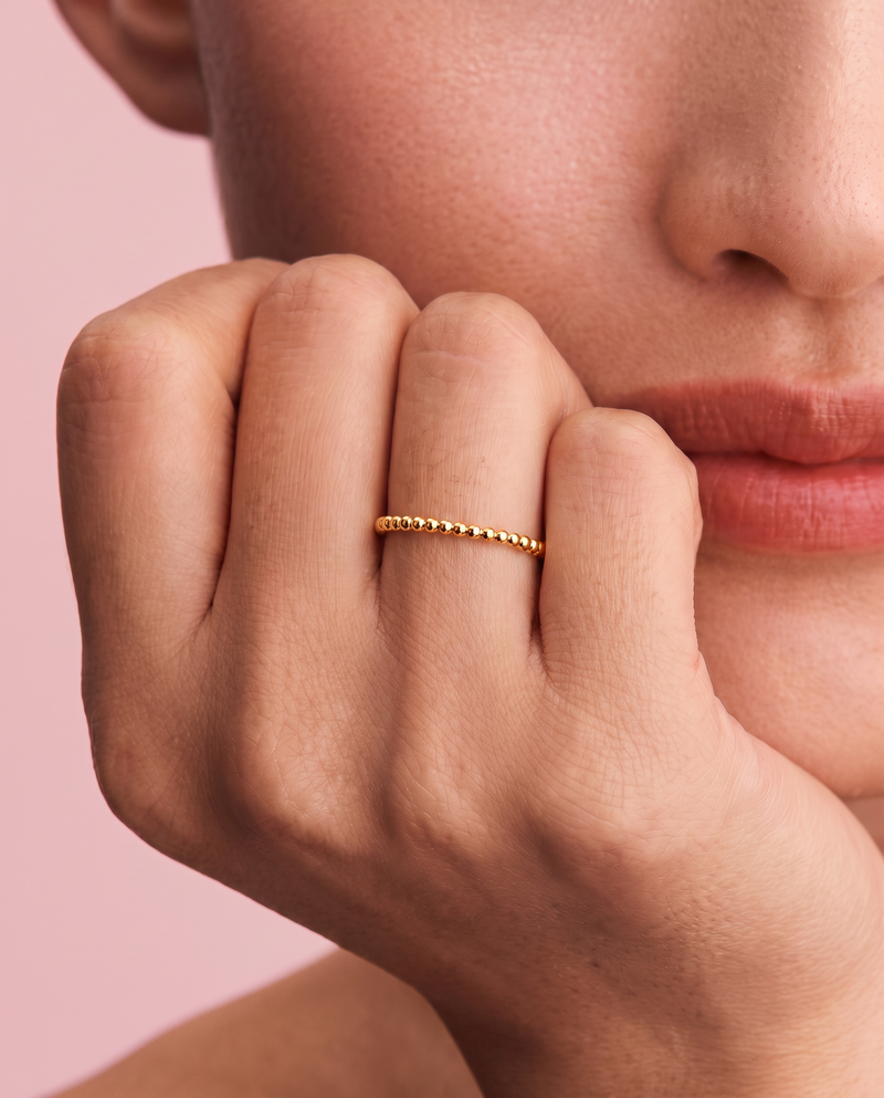 Beaded Bone Ring - Round Bead Design, Gold Plated