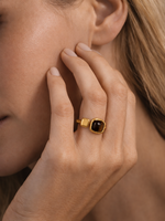Square Pearl & Tiger's Eye Ring – 18K Gold Plated, Adjustable - Dark