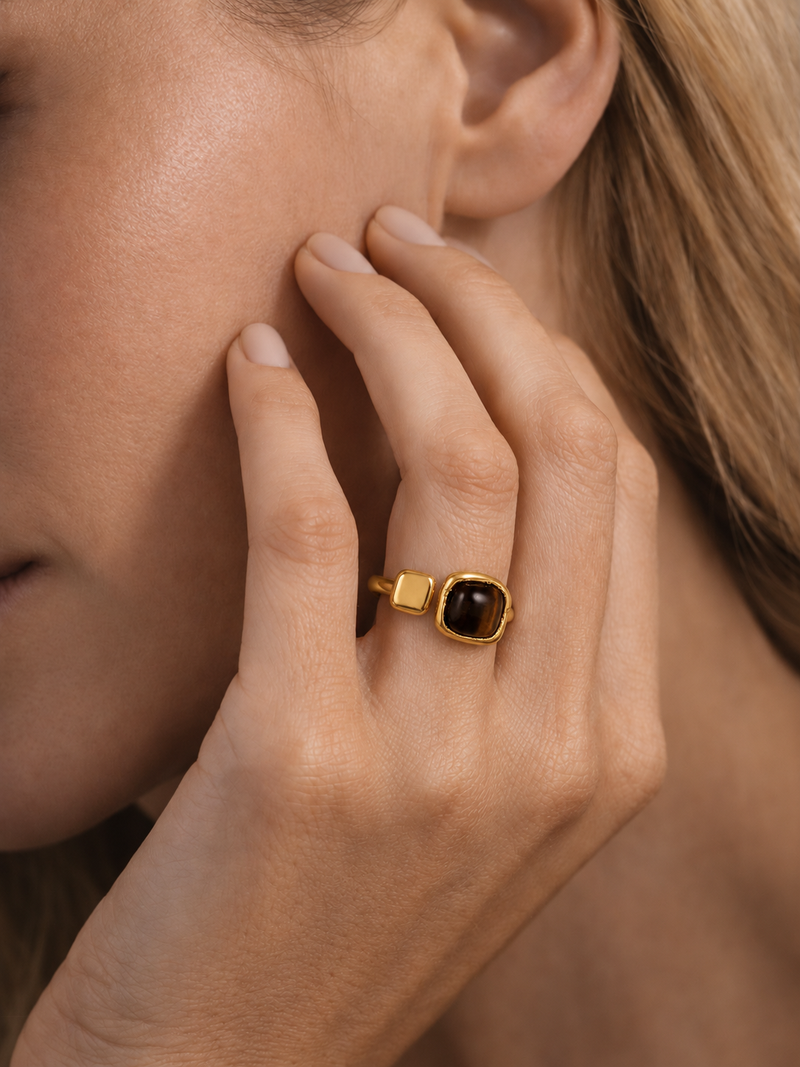 Square Pearl & Tiger's Eye Ring – 18K Gold Plated, Adjustable - Dark