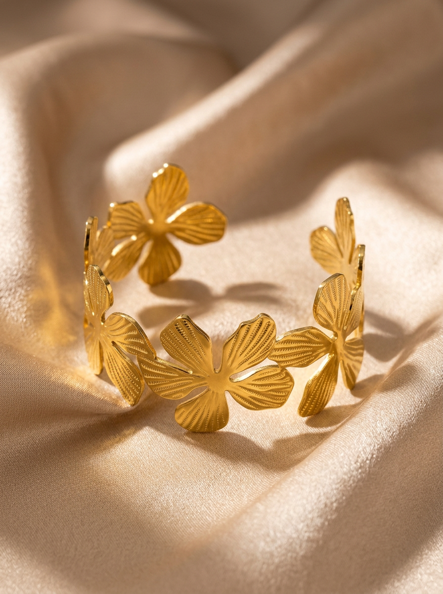 Triple Flower Open Cuff Bracelet – 18K Gold Plated, 32.8mm Wide
