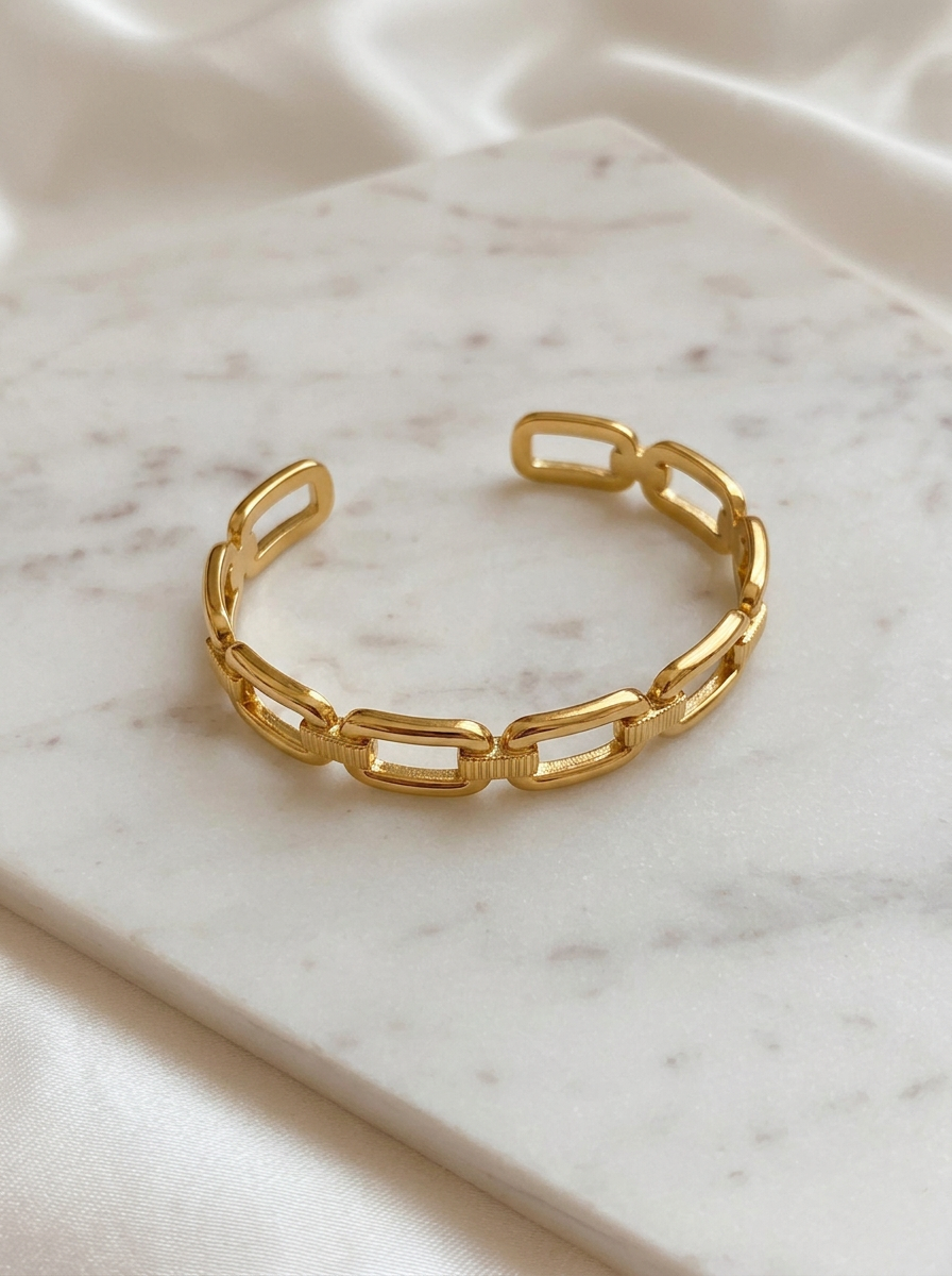 Chain-Link Hard Cuff Bracelet – Open Back, Hollow Design - 18k Gold Plated