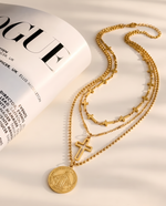 Triple Chain Necklace, Heart & Cross Charms, Gold Plated