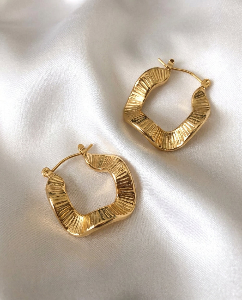 18K Gold Plated Textured Square Hoop Earrings
