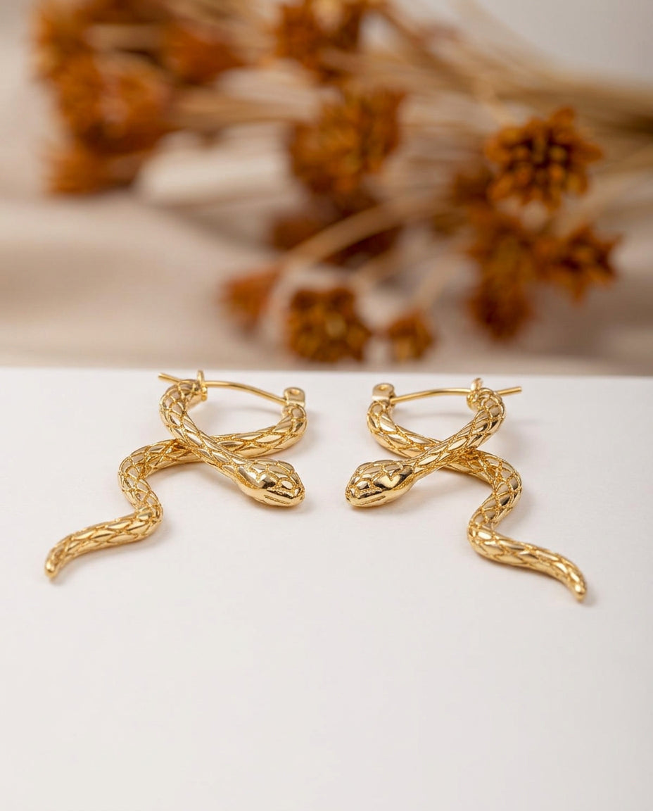 Snake Motif Gold Plated Earrings, Vintage-Inspired