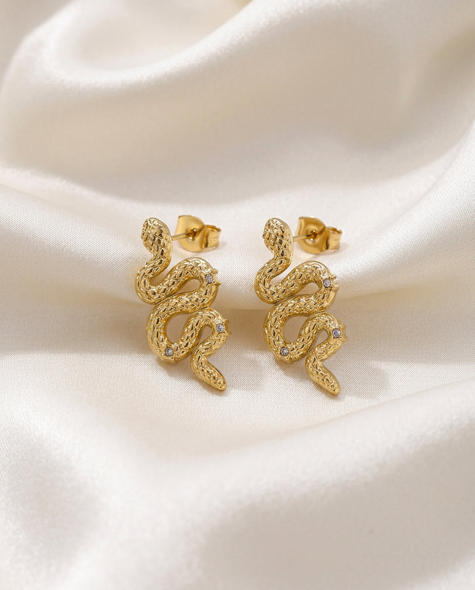 Snake Drop Earrings with White Crystal Accents - 18k Gold Plated