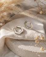 Gold Plated Hexagon C-Hoop Stud Earrings, Geometric