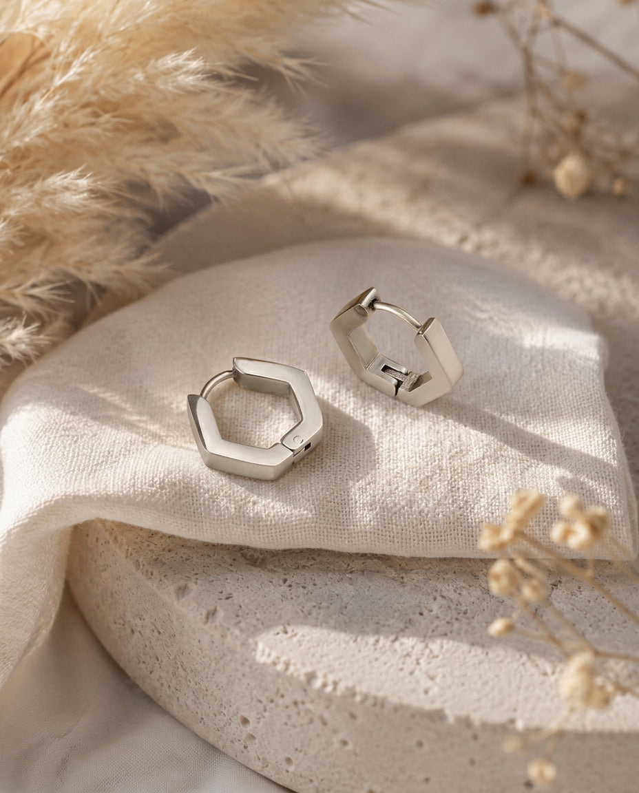 Gold Plated Hexagon C-Hoop Stud Earrings, Geometric