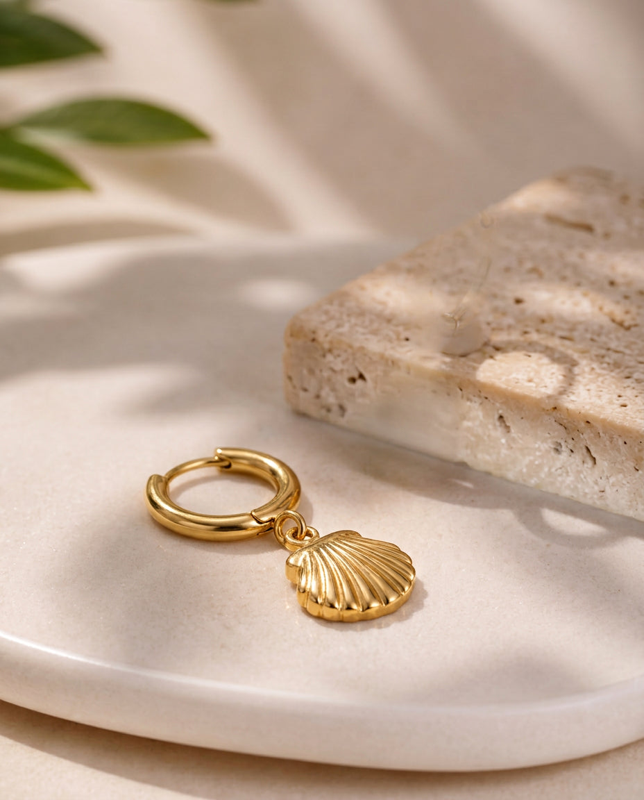 Coastal Circle & Shell Stud Earrings - Gold Plated