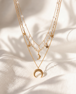 Celestial Pearl Pendant Necklace, Triple Layer, Gold Plated