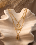 Triple Chain Necklace with Heart Padlock & Pearl, Gold Plated