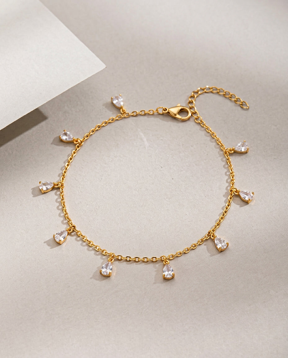 Dainty Gold Round Crystal Charm Chain Bracelet