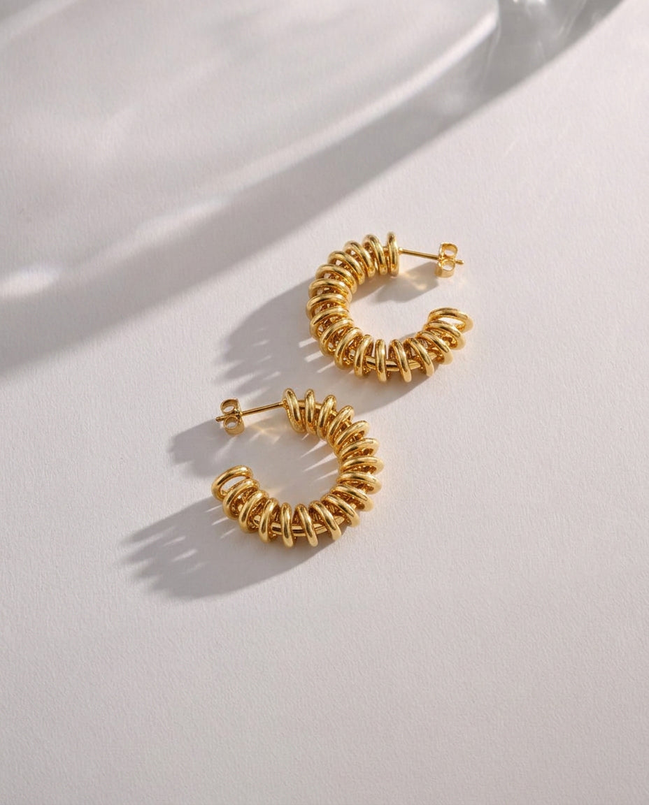 Gold Spring Hoop Earrings, Semi-Open Circle, 27mm