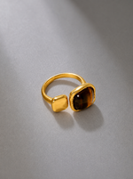 Square Pearl & Tiger's Eye Ring – 18K Gold Plated, Adjustable - Dark