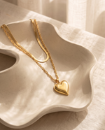 Layered Double Chain Necklace - Heart & Tag Pendant, Gold Plated