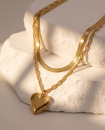 Layered Double Chain Necklace - Heart & Tag Pendant, Gold Plated