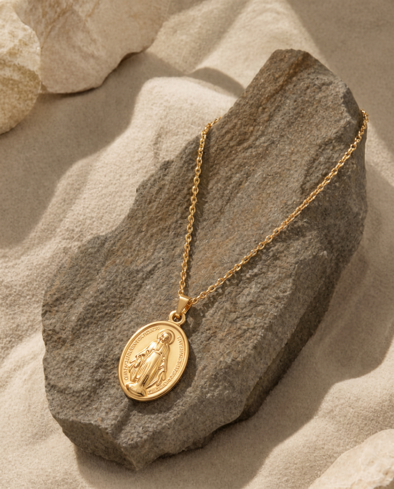 Virgin Mary & Cross Necklace, Gold Plated, Religious Jewelry
