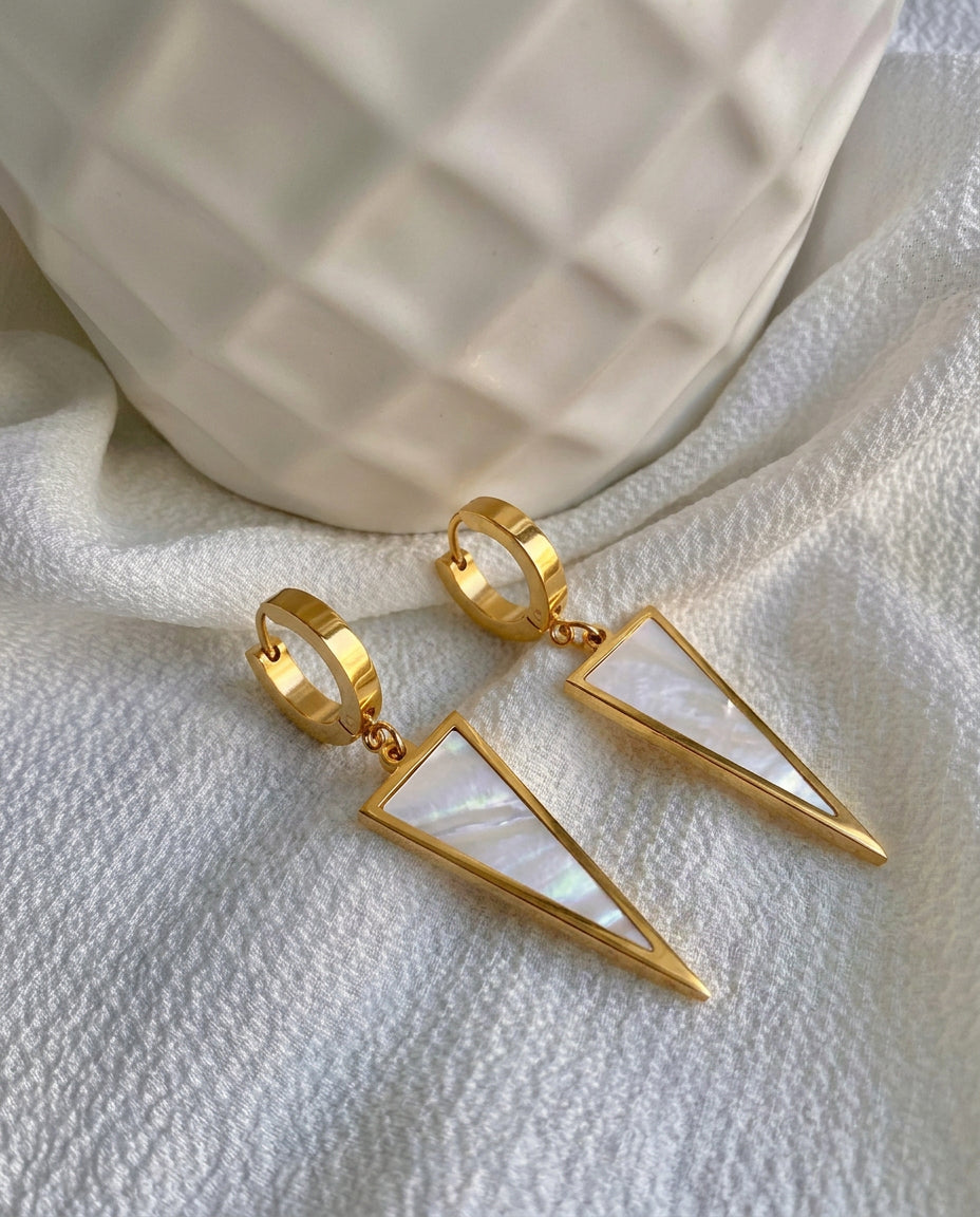 Shell Charm Drop Hoop Earrings, Minimalist Design - Gold Plated