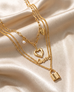 Triple Chain Necklace with Heart Padlock & Pearl, Gold Plated