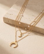 Celestial Pearl Pendant Necklace, Triple Layer, Gold Plated